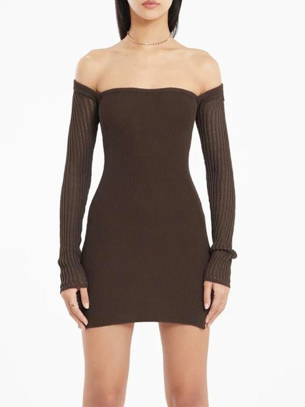 Ruve Shop Nime Off-the-Shoulder Rib Knit Bodycon Dress in Chocolate Brown
